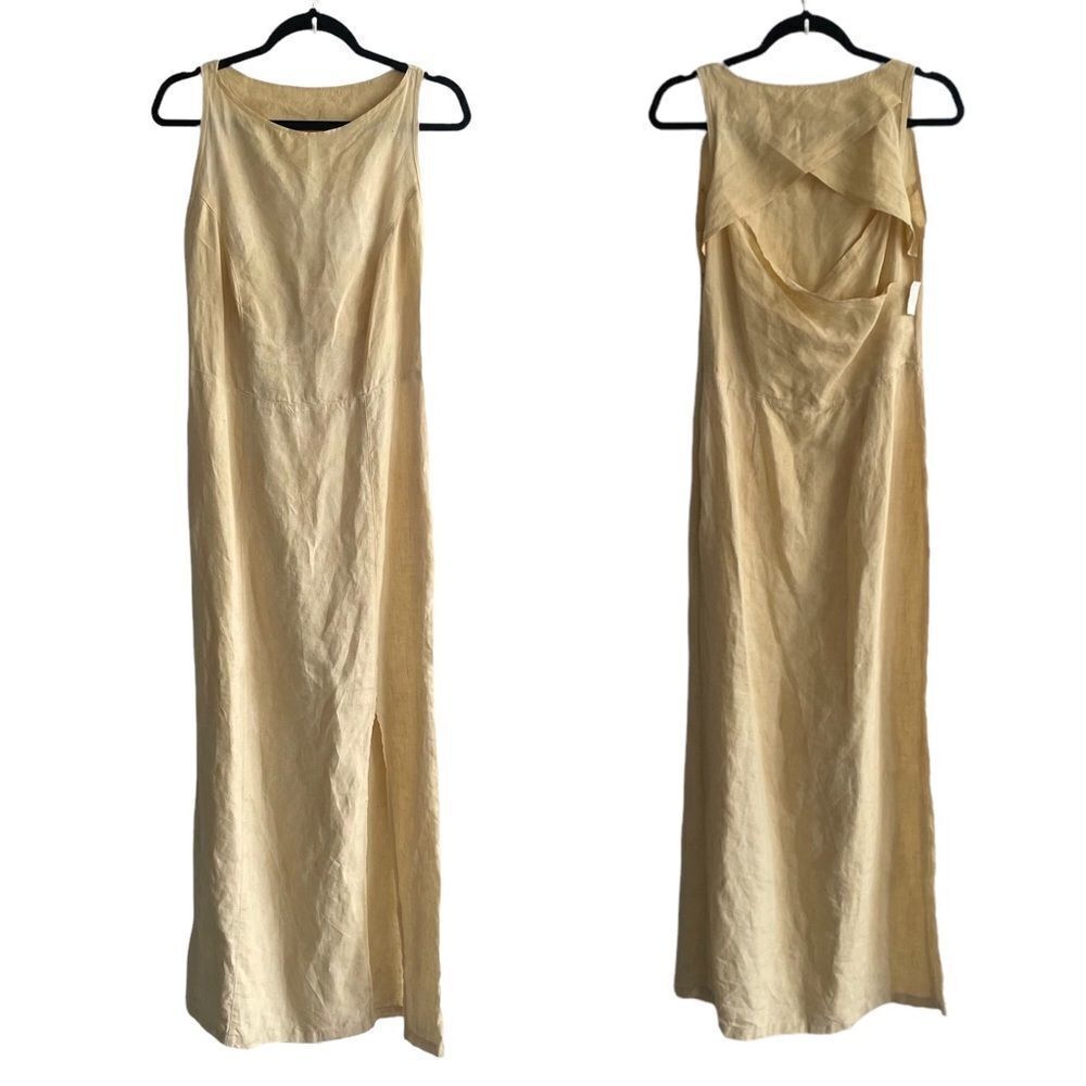 TERRAWARE Mykonos Linen Sleeveless Open Back Maxi Dress Front Slit Yellow XS